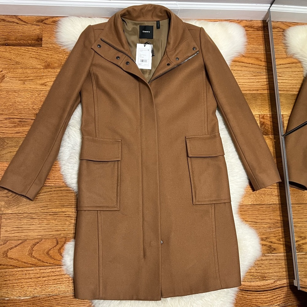 Used W/ tag Theory funnel neck coat-Bria, size petite in darker chestnut color.